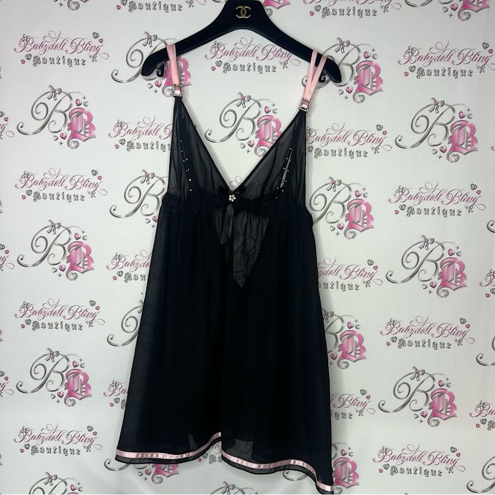 Ann summers babydoll dress nighty open cup bling black pink rhinestone buckle